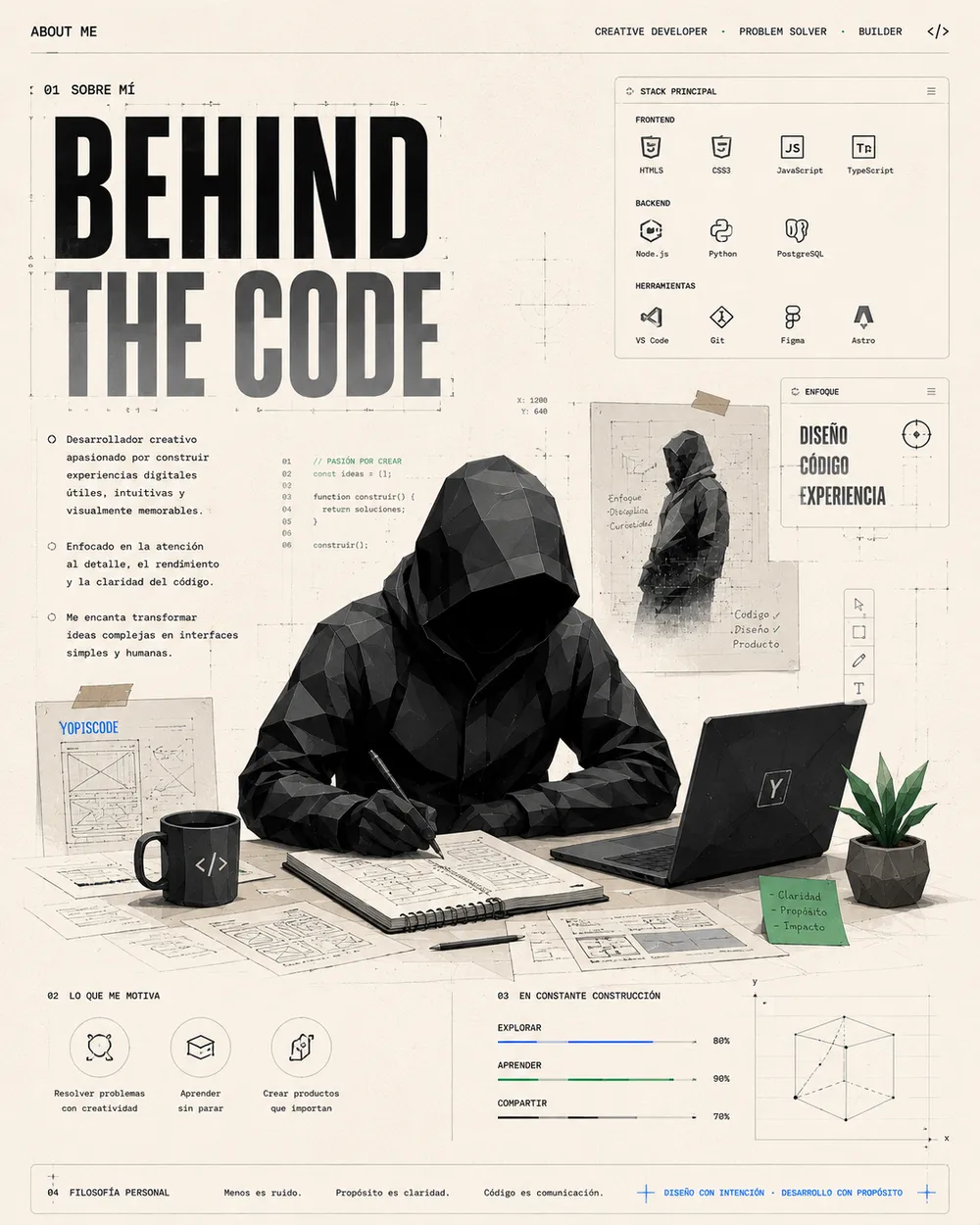 Ilustración editorial de YopisCode trabajando entre bocetos, código y herramientas