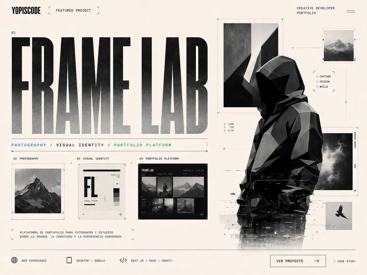 Portada editorial de Frame Lab con fotografías monocromas y personaje geométrico