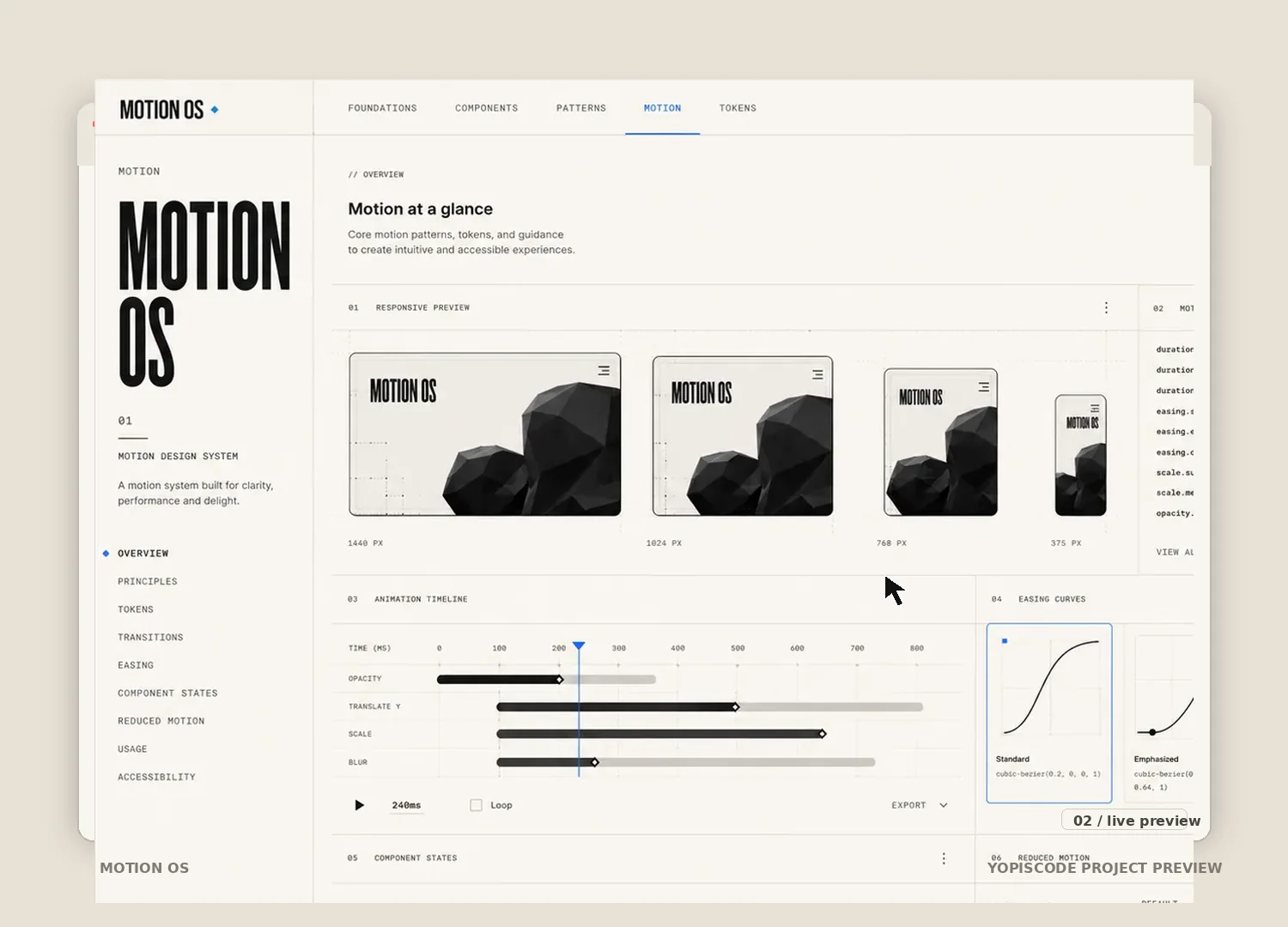 Captura del proyecto Motion OS dentro de una ventana de navegador mostrando token map y preview responsive