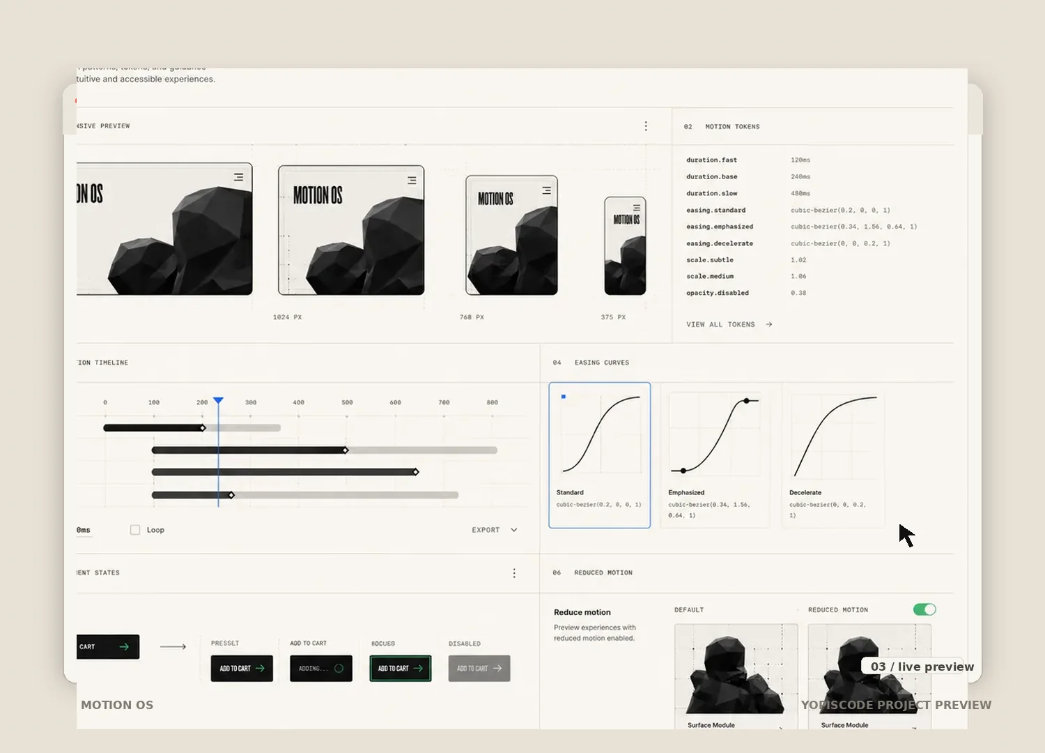 Captura del proyecto Motion OS dentro de una ventana de navegador mostrando panel de documentación lateral