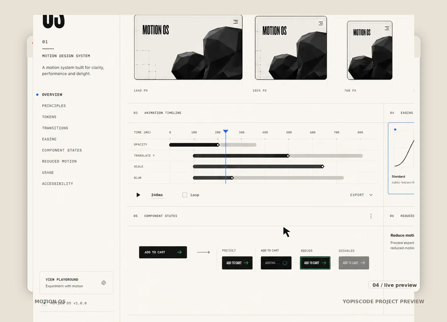 Captura del proyecto Motion OS dentro de una ventana de navegador mostrando sección de guidelines
