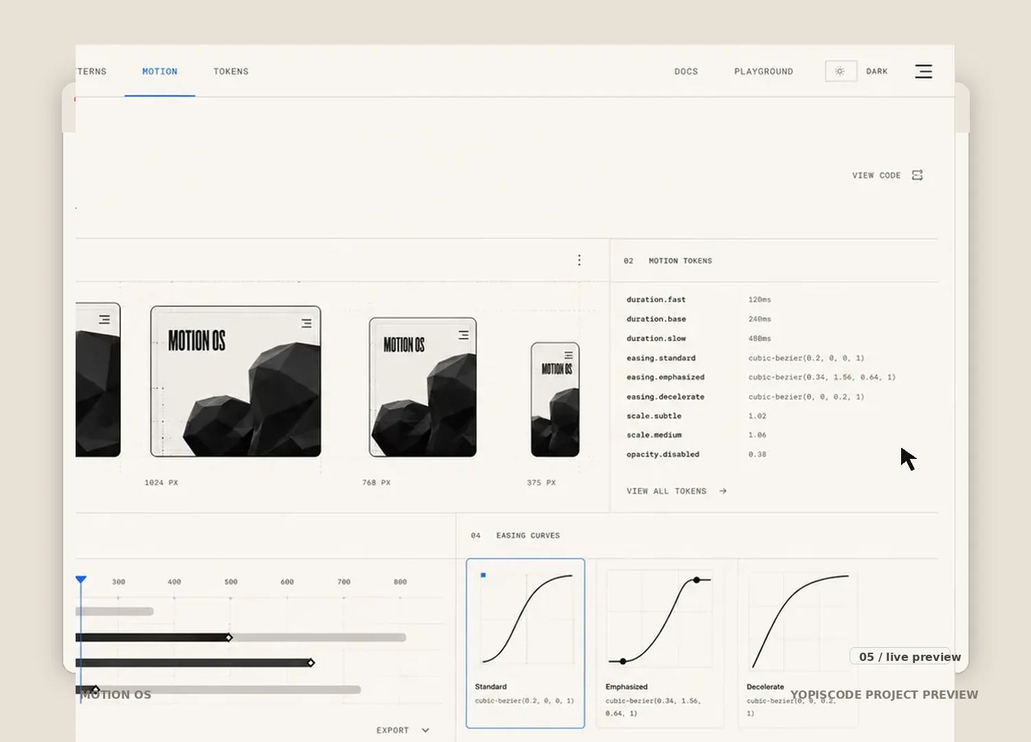 Captura del proyecto Motion OS dentro de una ventana de navegador mostrando bloques inferiores del sistema