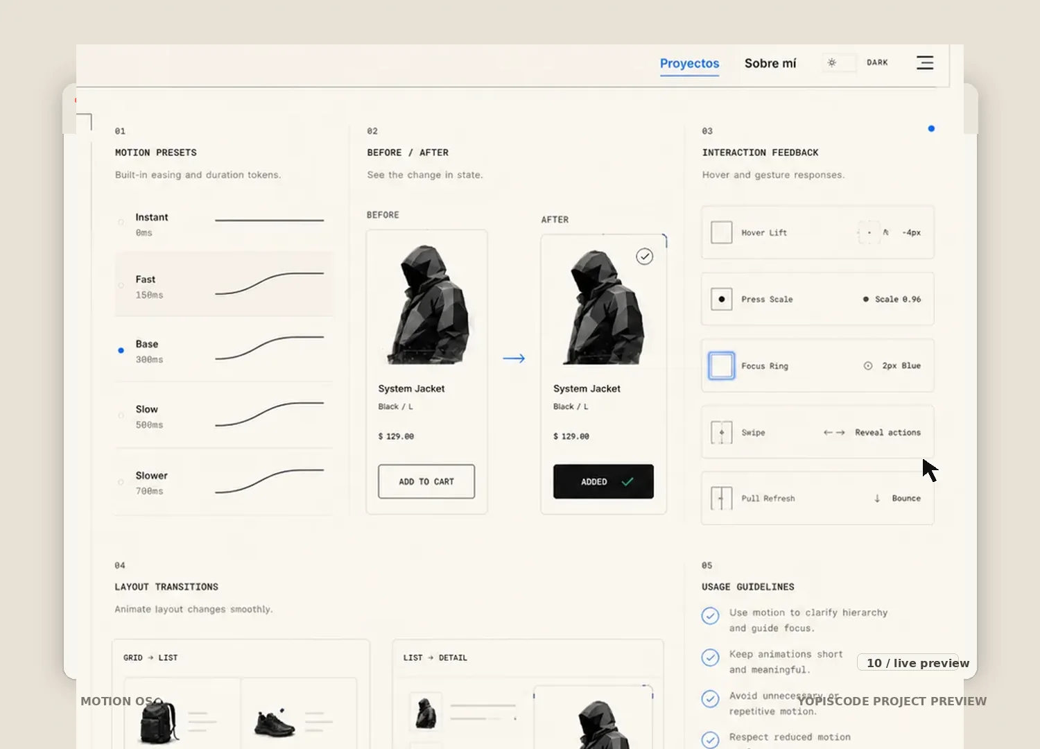 Captura del proyecto Motion OS dentro de una ventana de navegador mostrando resumen de reglas del sistema