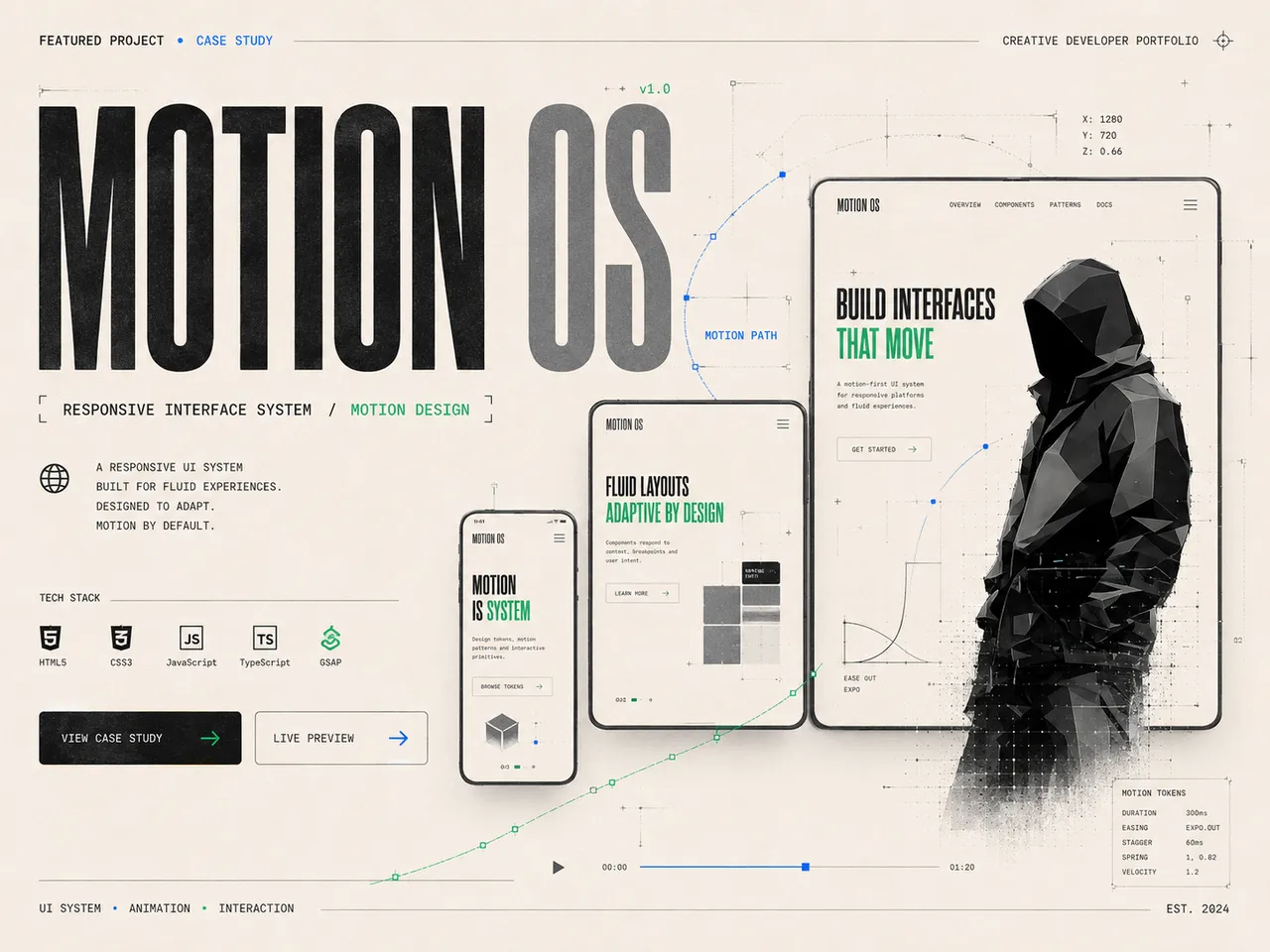 Portada del proyecto Motion OS con dispositivos responsive, curvas y personaje geométrico