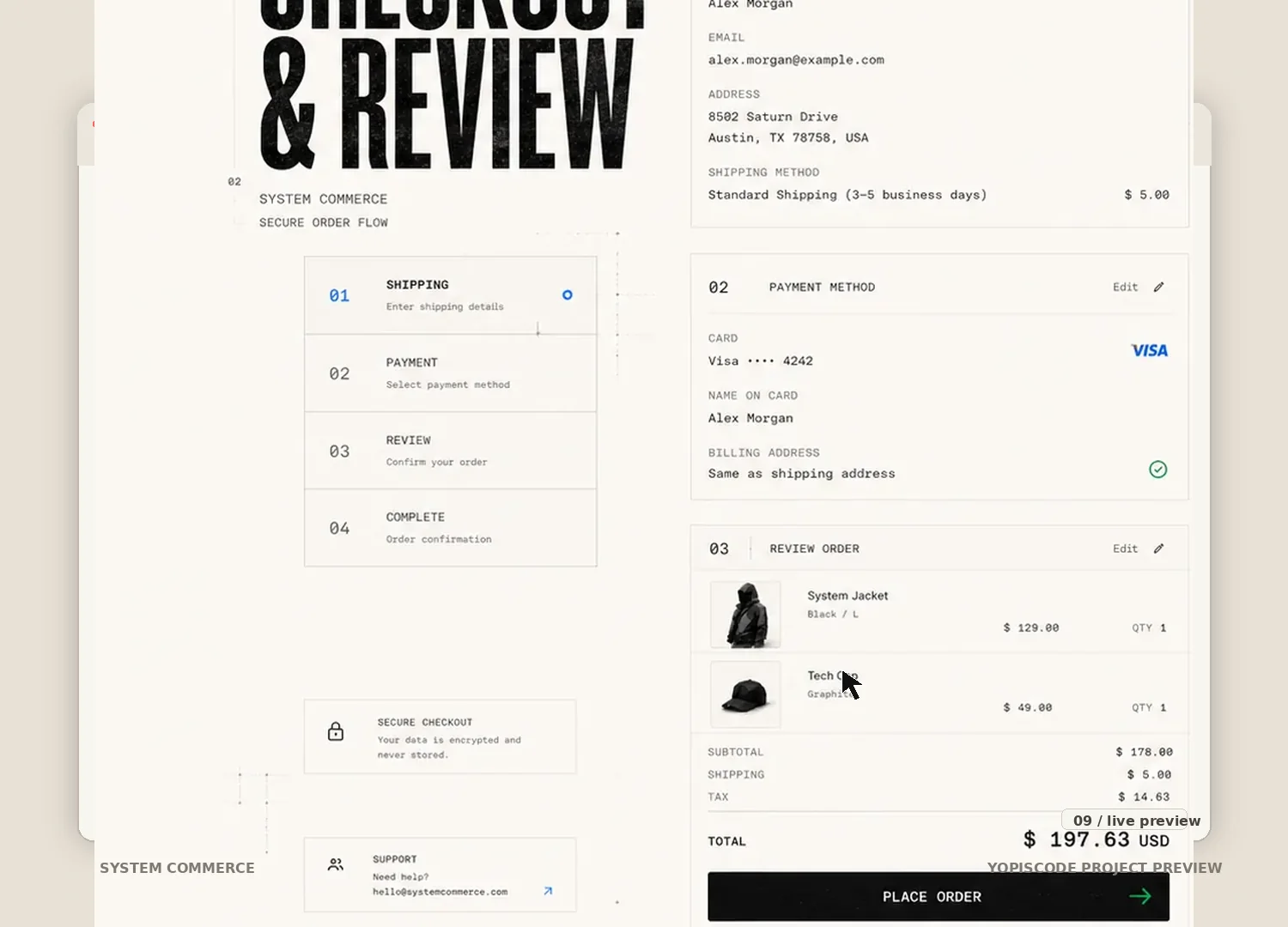 Captura del proyecto System Commerce dentro de una ventana de navegador mostrando bloques informativos del checkout