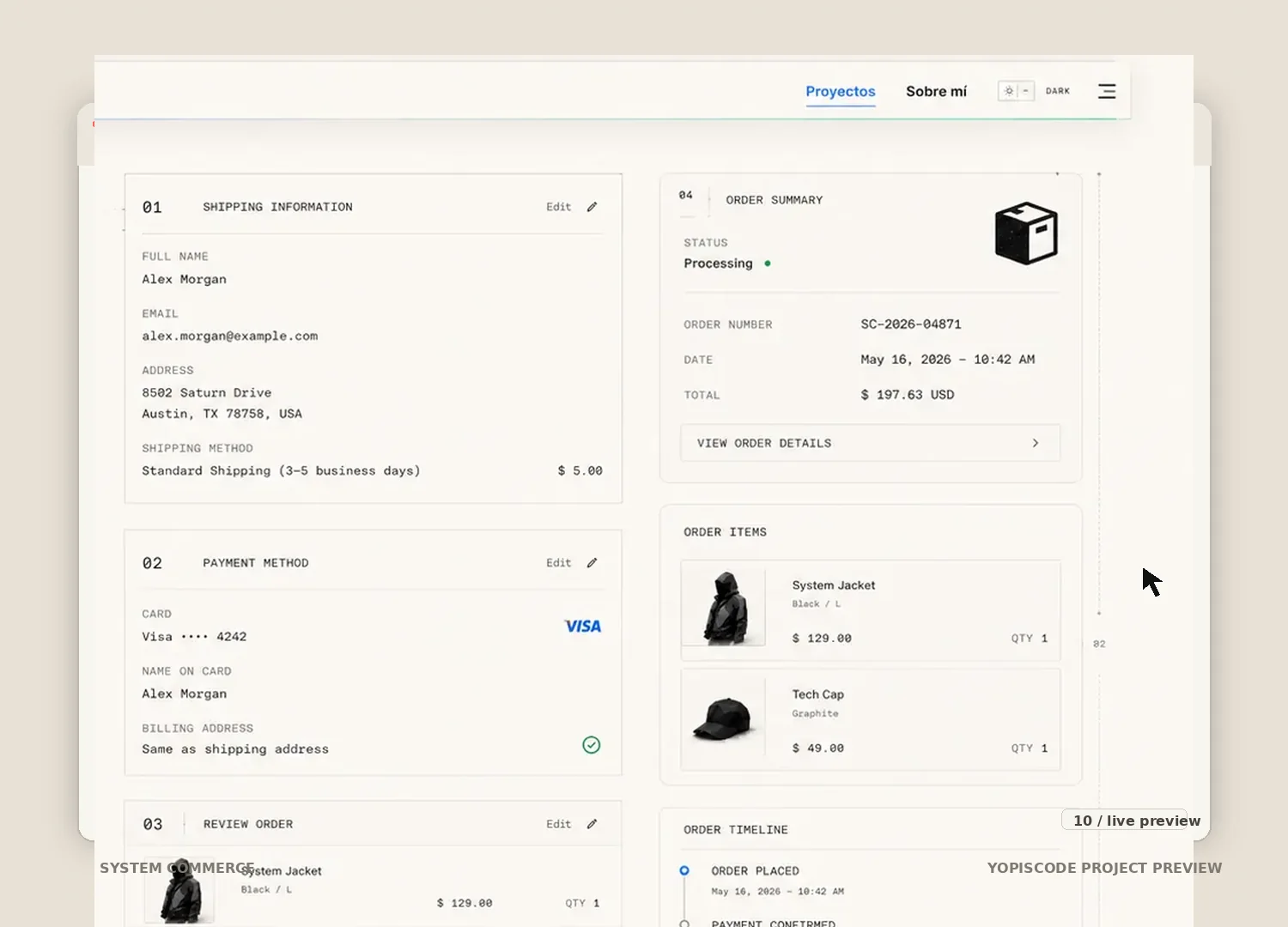 Captura del proyecto System Commerce dentro de una ventana de navegador mostrando vista de confirmación operativa
