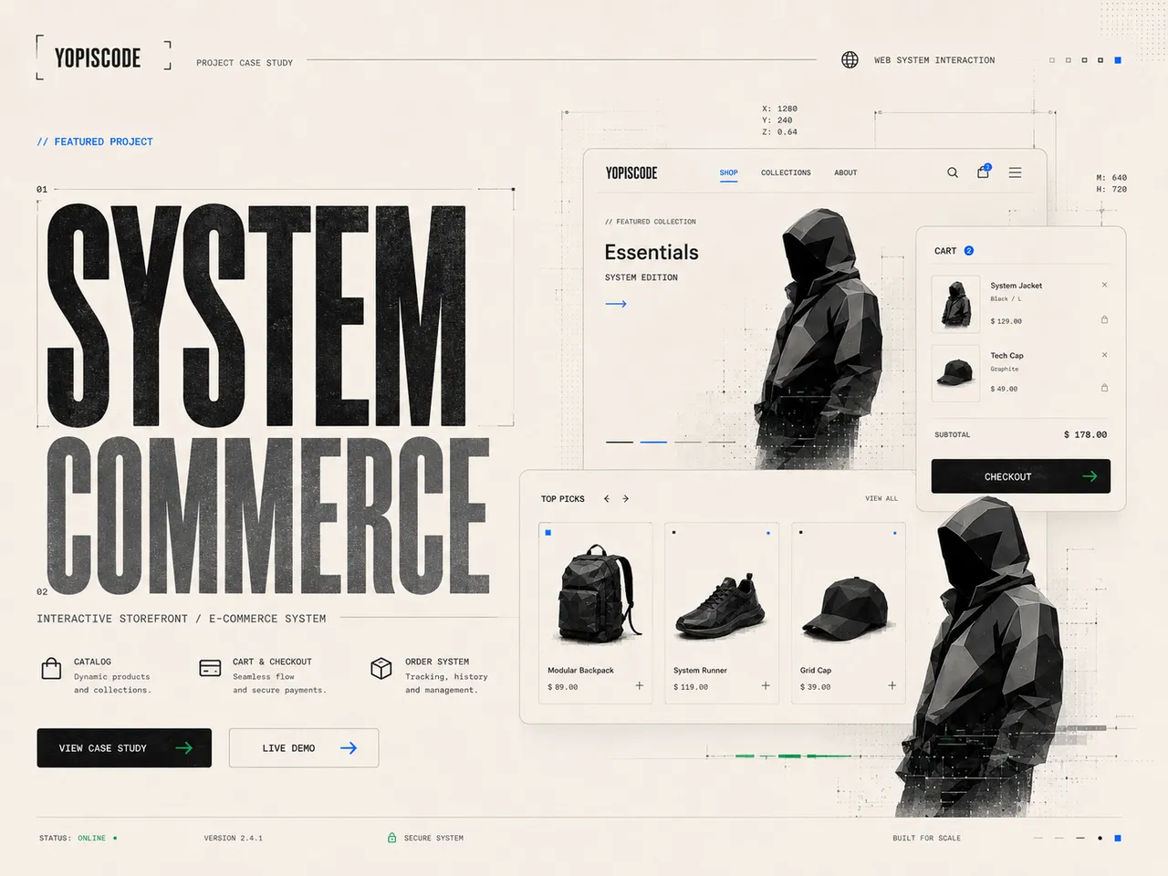Portada editorial del proyecto System Commerce con interfaz de tienda y personaje geométrico